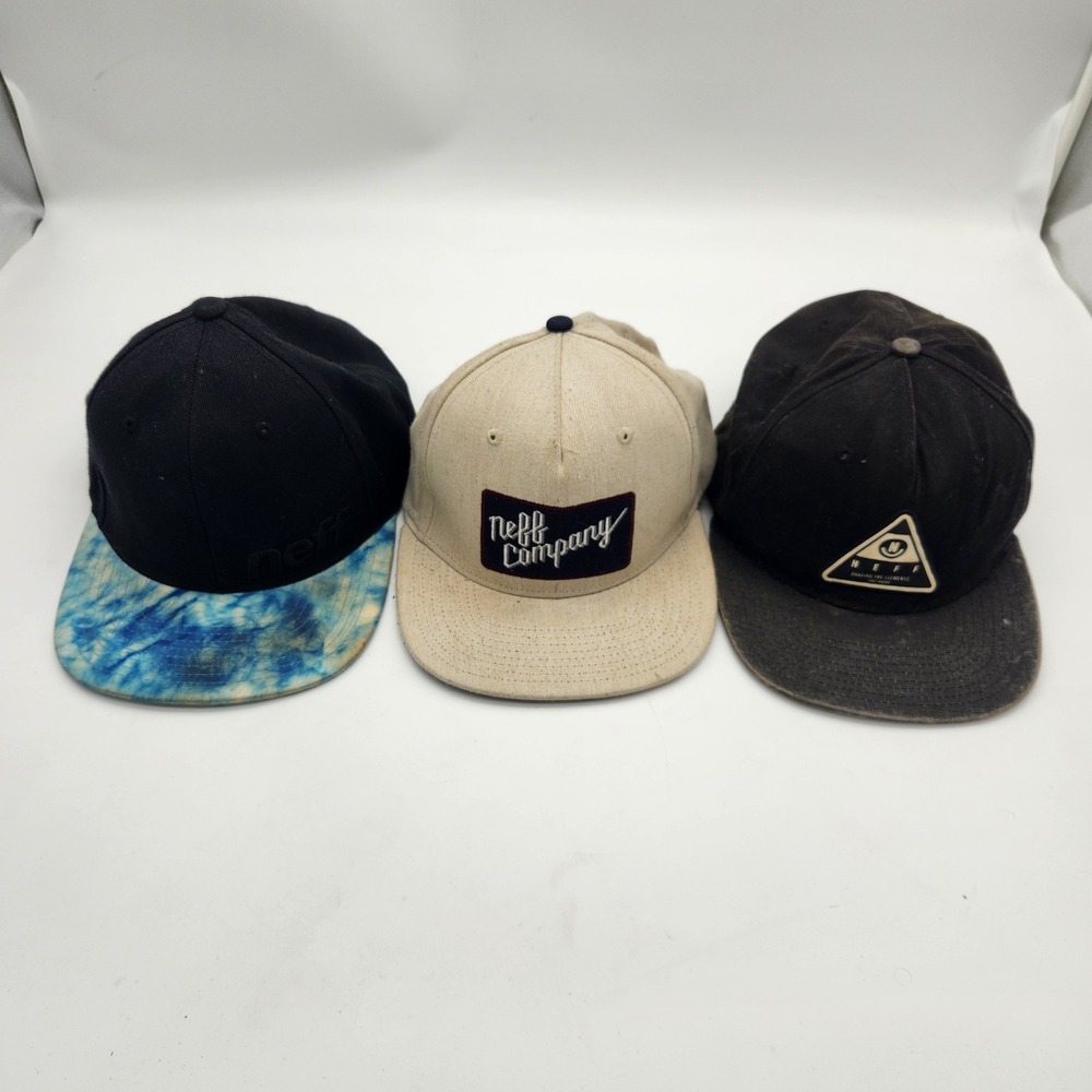 Lot of 3 NEFF Snapback Hats – Black Caps Blue Tie Dye, Box Logo, Illuminati